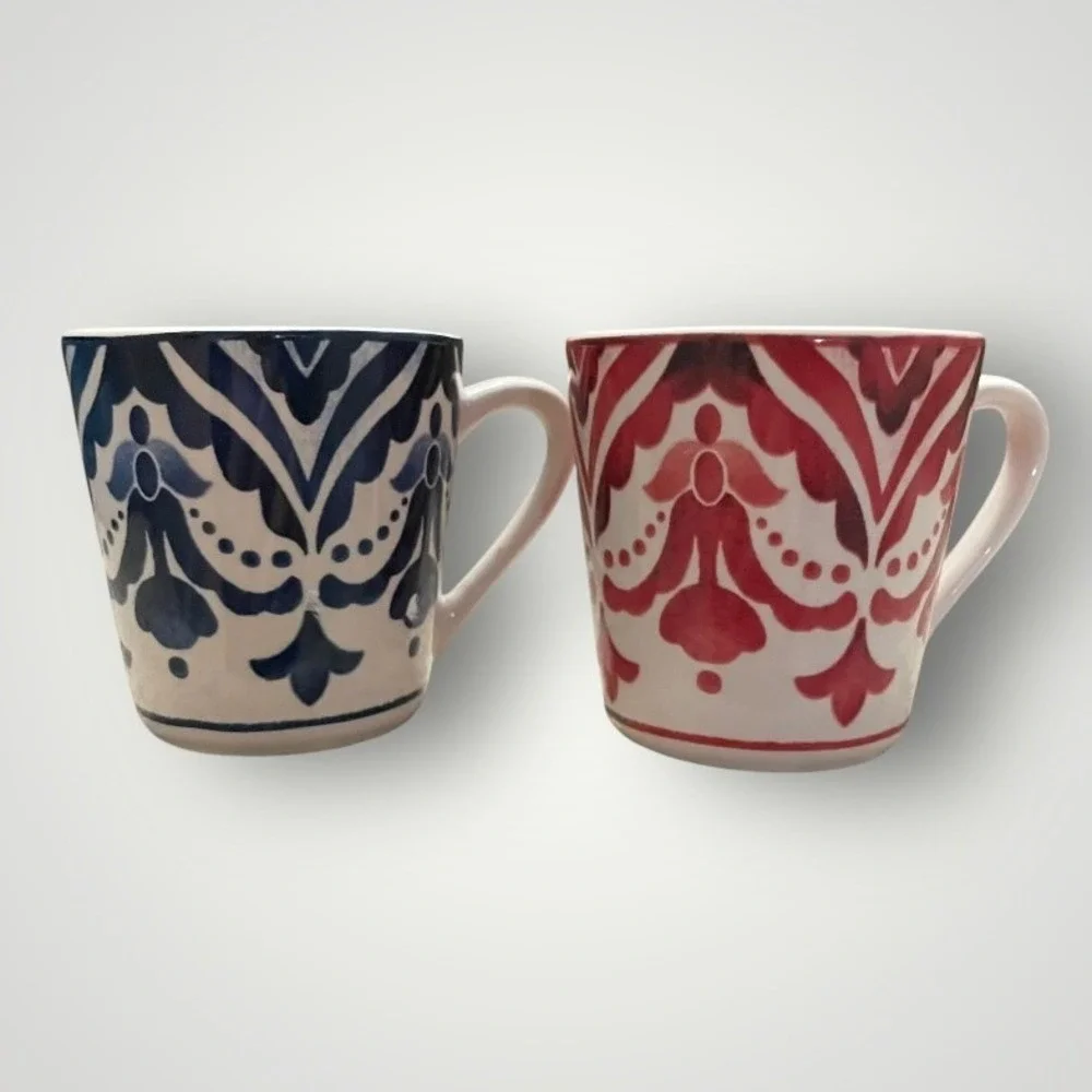 Sur La Table Mugs Set of 2 Blue Red Damask Ironstone Espresso French Country